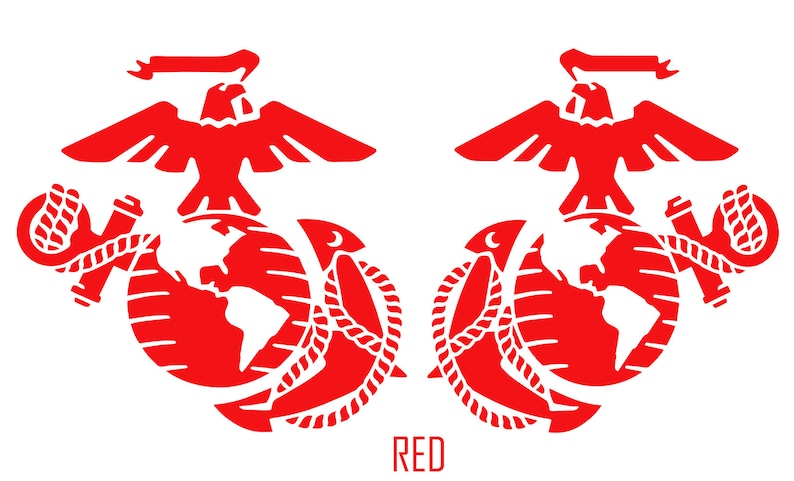 May include: Two red United States Marine Corps emblems featuring a globe, anchor, and eagle. The text "RED" is below the emblems.