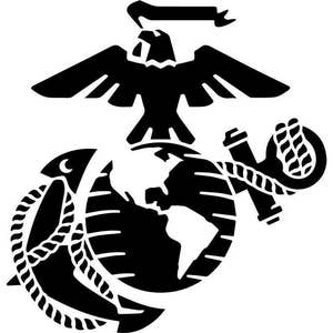 Puede incluir: Silueta en blanco y negro del emblema del Cuerpo de Marines de los Estados Unidos. El emblema presenta un &aacute;guila, un globo terr&aacute;queo y un ancla.