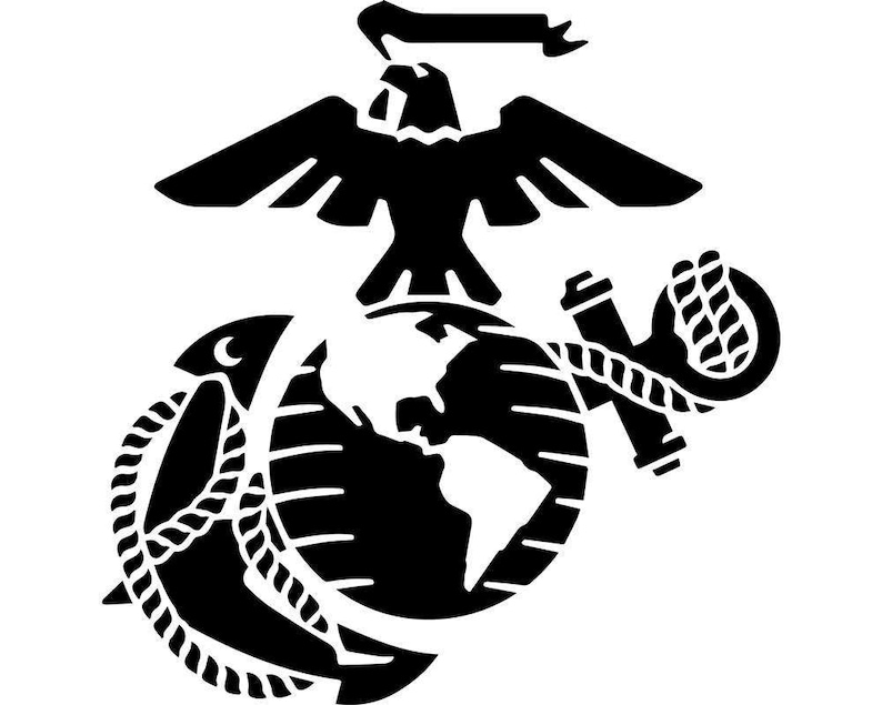 Puede incluir: Silueta en blanco y negro del emblema del Cuerpo de Marines de los Estados Unidos. El emblema presenta un &aacute;guila, un globo terr&aacute;queo y un ancla.