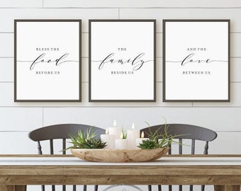 Bless The Food Before Us The Family Beside Us and The Love Between Us Printable Sign Set, Dining Room Quote Print, Instant Digital Download