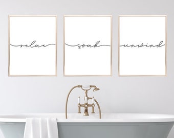 Relax Soak Unwind Bathroom Sign Set, Matching Restroom Printables, Bath Print Decor, Wall Art Print, Instant Digital Download, 8x10&16x20