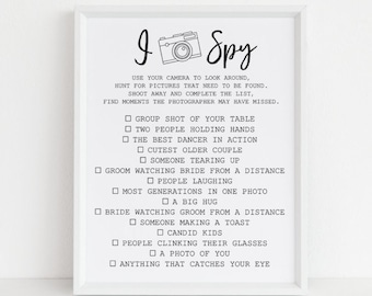I Spy Wedding Game Printable, Photo Reception Table Print, Disposable Camera Picture Sign, Photo Checklist, Instant Digital Download, 8x10