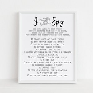 I Spy Wedding Game Printable, Photo Reception Table Print, Disposable Camera Picture Sign, Photo Checklist, Instant Digital Download, 8x10