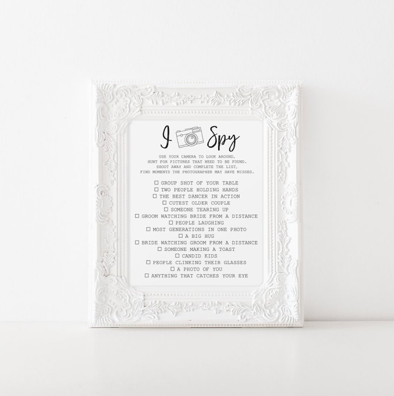 I Spy Wedding Game Printable, Photo Reception Table Print, Disposable Camera Picture Sign, Photo Checklist, Instant Digital Download, 8x10 image 2