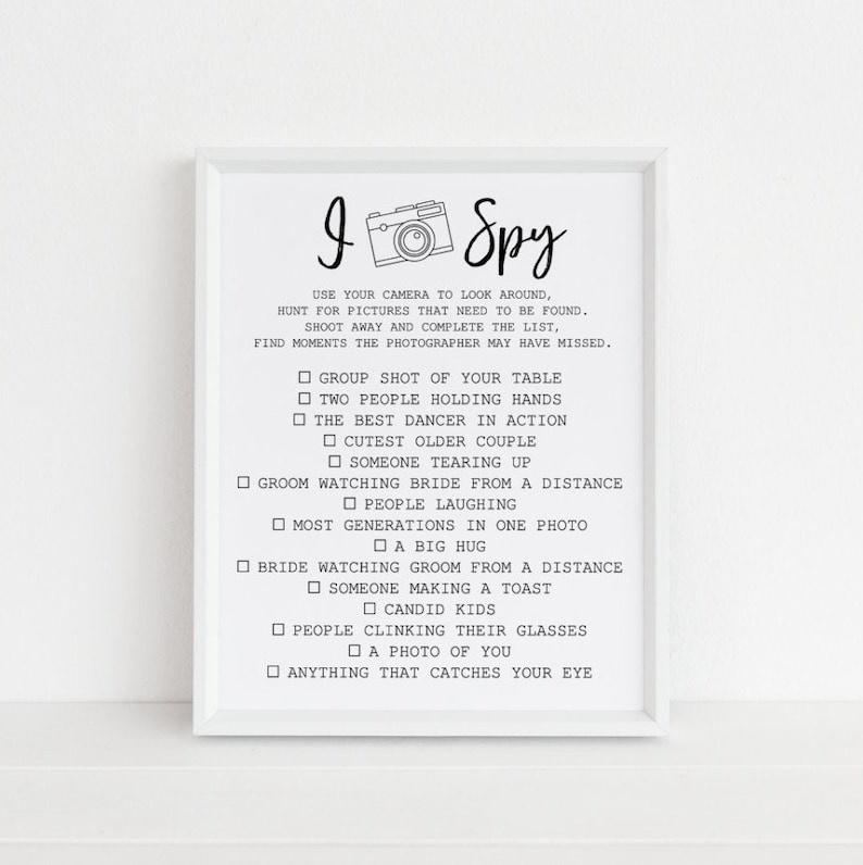 I Spy Wedding Game Printable, Photo Reception Table Print, Disposable Camera Picture Sign, Photo Checklist, Instant Digital Download, 8x10 image 1