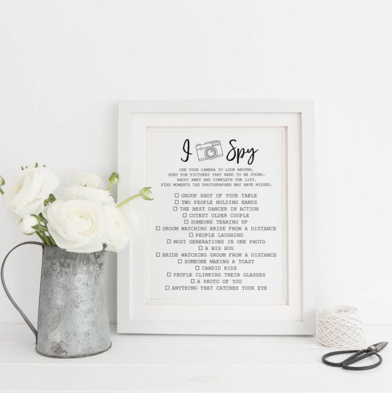 I Spy Wedding Game Printable, Photo Reception Table Print, Disposable Camera Picture Sign, Photo Checklist, Instant Digital Download, 8x10 image 3