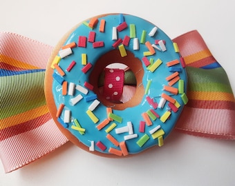 Large Donut Bow, Blue Sprinkled Donut Bow Hair Clip, Fascinator, Donut Lover Gift, Birthday Gift, Kawaii, Lolita, Cute