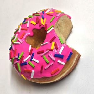 Pink Sprinkled Donut with bite Wall Decor, 3D Fake Food Pop Art Kitchen Decor, 4.5 inch Donut Art