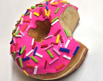 Pink Sprinkled Donut with bite Wall Decor, 3D Fake Food Pop Art Kitchen Decor, 4.5 inch Donut Art