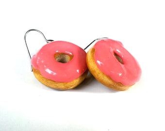 Handmade Pink Frosted Donut Earrings, Polymer Clay Food Jewelry, Funny Gift, Baker Gift
