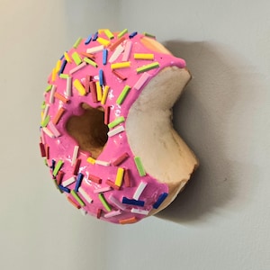 Pink Sprinkled Donut with bite Wall Decor, 3D Fake Food Art, Donut Prop, Pop Art