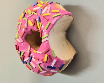 Pink Sprinkled Donut with bite Wall Decor, 3D Fake Food Art, Donut Prop, Pop Art