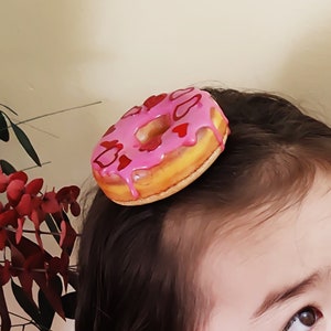 Realistic Pink Valentines Faux Donut Hair Clip, Lightweight large donut Hair Clip, Headpiece, Fascinator image 4