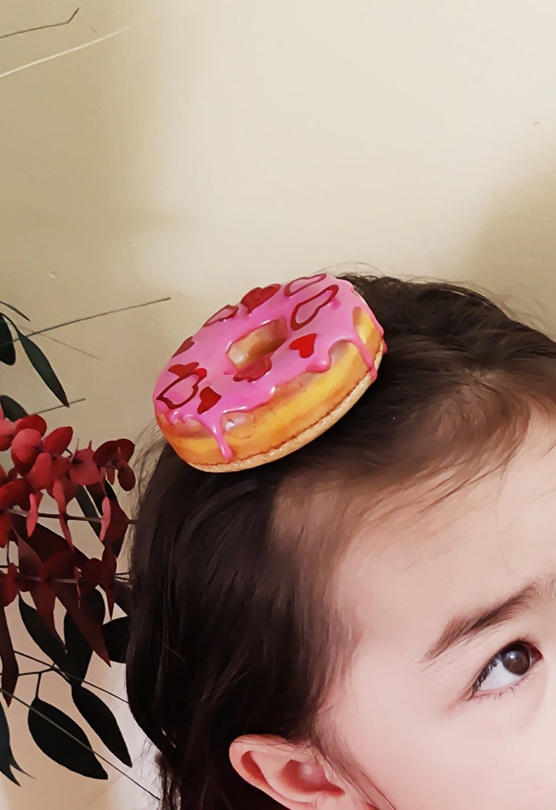 Realistic Pink Valentines Faux Donut Hair Clip, Lightweight large donut Hair Clip, Headpiece, Fascinator image 4