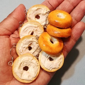 Bagel with cream cheese Earrings, Food Jewelry, Miniature Food Earrings