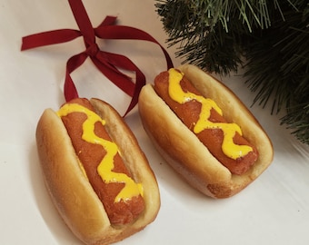 Hot Dog Christmas Tree Ornament - Fake Food Funny Gift set of 2