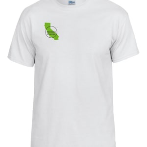 May include: White t-shirt with a green outline of the state of California and the text "Decoding Dyslexia" inside a circle.