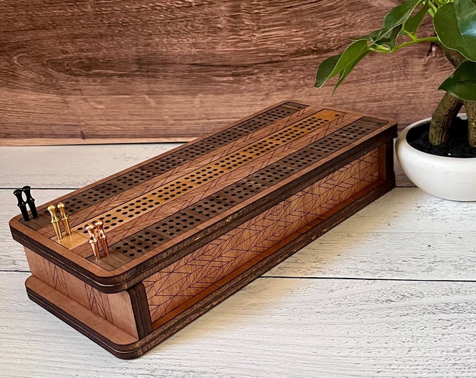 Wood cribbage game, Heirloom cribbage board, Family cribbage game, Laser cut wood game, Cribbage game board, Hand crafted cribbage game