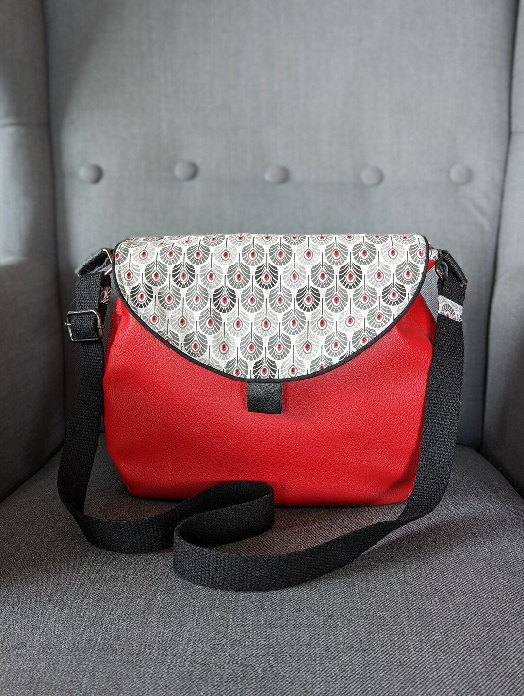 Handmade Medium Size Bag Red Black Grey Feathers Shoulder Etsy