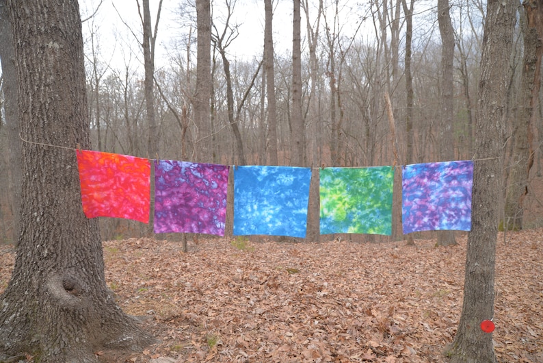 May include: Five tie-dye fabric squares hang on a clothesline in a wooded area. The squares are in various shades of red, purple, blue, green, and pink.