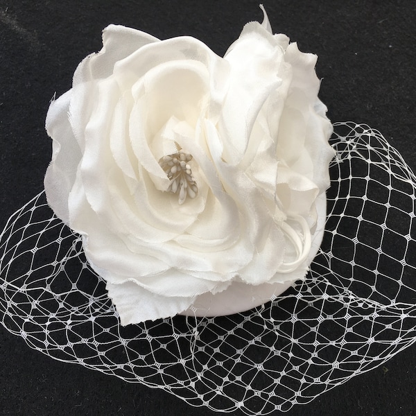 white fascinator wedding bride veil two fabric flowers