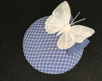 Fascinator dove, medium, denim blue with bow, ivory net and butterfly, elegant