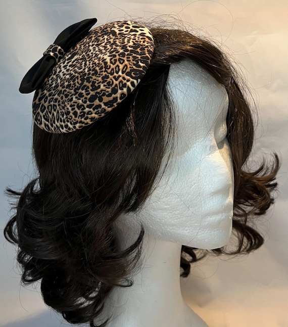 Elegant Black and Tan Leopard Felt Fascinator Hat Chic Felt Animal Print Button, Perch Pill Box Hat, Hatinator  main image 2