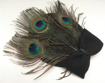 Pfauenfeder Flapper Fascinator Sinamay Tropfenform schwarz, Federn, 20 er Jahre