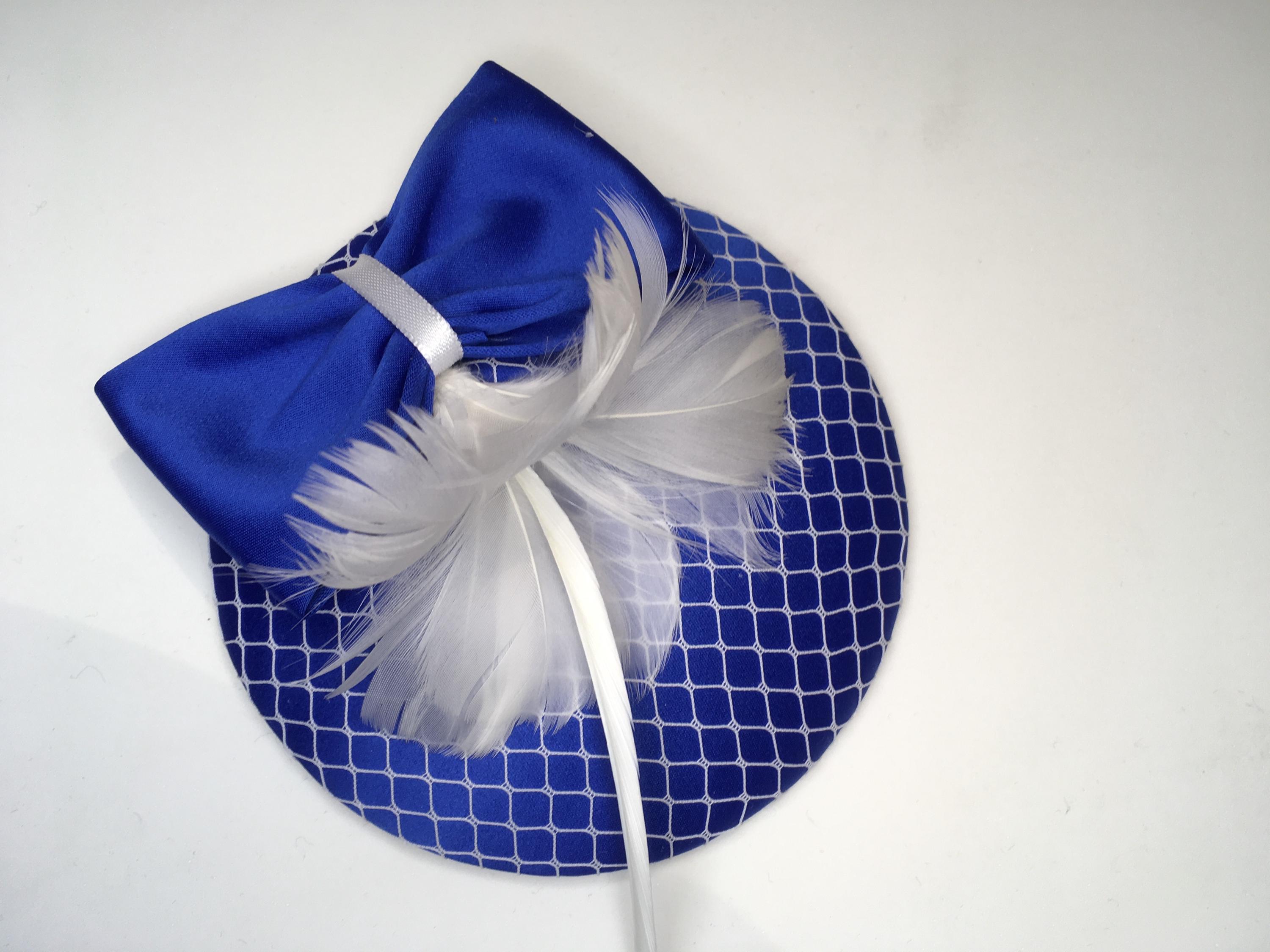 Fascinator Royal Blue Satin, Ivory Net, Bow, Feather Rosette  display picture 1