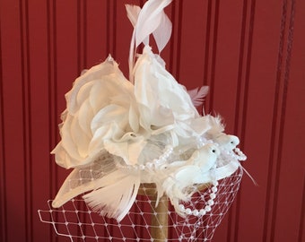 Wedding fascinator white, feathers, pearls, flowers, doves, veils, elegant, lush