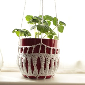 May include: A white crocheted hanging planter with a red pot and a green plant inside.