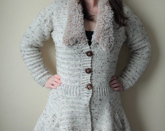 Crochet Coatigan Pattern, Women's Jacket with Faux Fur Collar /Crochet Coat (PDF Download)