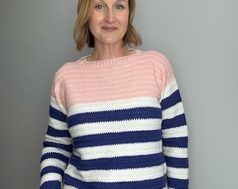 Crochet Sweater Pattern: Striped Crew Neck Pullover Jumper For Women (Digital PDF)