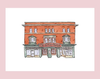 Puede incluir: Una ilustración de acuarela de un edificio de ladrillo con un toldo verde y el texto "The Opera House" sobre la entrada. El edificio tiene tres ventanas en cada piso y un letrero que dice "The Opera House Cafe" en el lado izquierdo y "Silhouette Taxis" en el lado derecho.