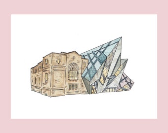 Puede incluir: Ilustración en acuarela de un edificio que combina una estructura moderna de vidrio y acero con un edificio tradicional de piedra. La obra de arte está ambientada sobre un fondo rosa pálido, mostrando estilos arquitectónicos.