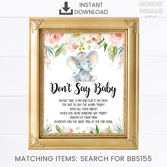 Elephant Pink Floral Don't Say Baby Game Sign Elephant | Etsy