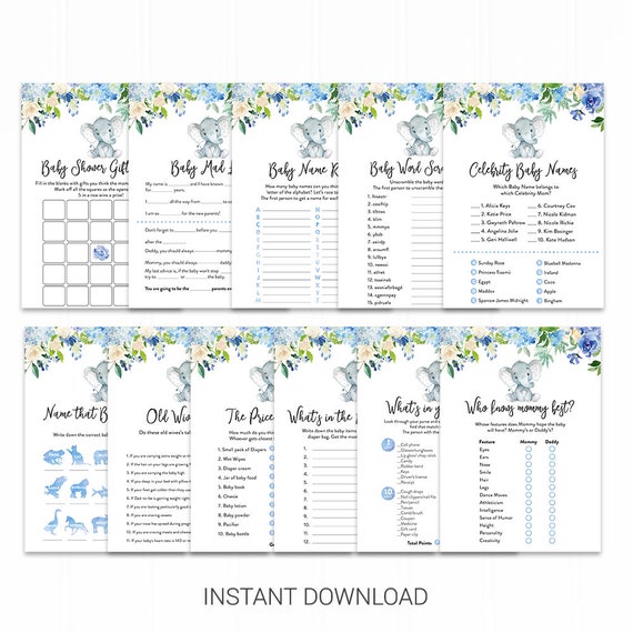 Blue Floral Elephant Baby Shower Game Pack Blue Elephant Baby Etsy
