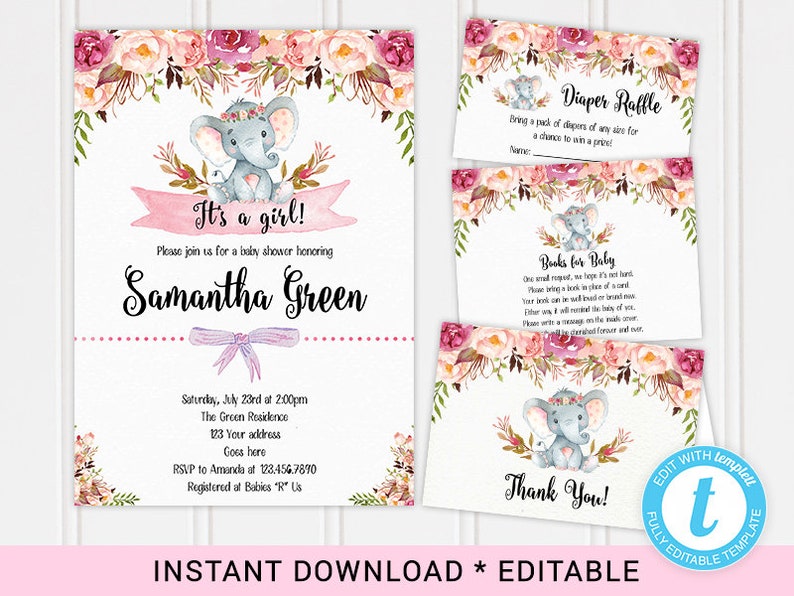Edit Yourself Printable Elephant Baby Shower Invitation Girl Etsy