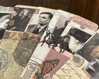 Science bookmarks. Science and maths bookmarks featuring historical figures. Ten bookmarks of historical maths and science figures.