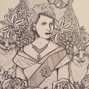 Queen Elizabeth II pen drawing. Original drawing of the British Queen with her corgis