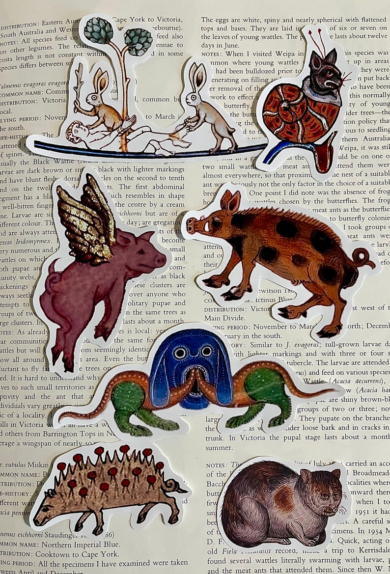 K&ouml;nnte beinhalten: Eine Sammlung bunter, illustrierter Aufkleber mit verschiedenen Tieren, darunter ein Schwein, eine Katze, ein Hund, ein Igel und ein Schmetterling. Die Aufkleber sind auf Seiten eines Buches mit Text &uuml;ber die Tiere platziert.