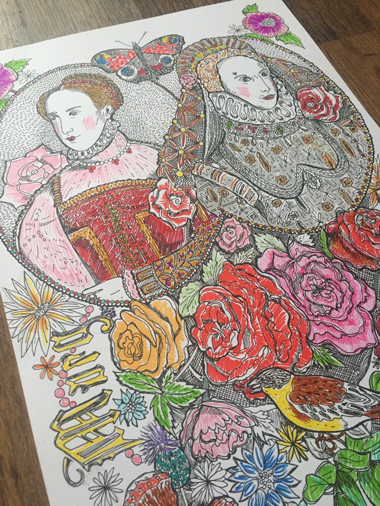 Elizabeth I & Mary Queen of Scots Print – Tudor Style Pen Drawing - Etsy