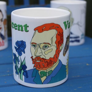 Van Gogh Mug, Vincent Van Gogh mug, featuring sunflowers, irises and moths.  Mug features the famous Dutch artist