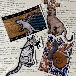 May include: A collection of vintage illustrations featuring cats, a snail, and a flower. The illustrations are printed on paper and have a whimsical, medieval aesthetic.