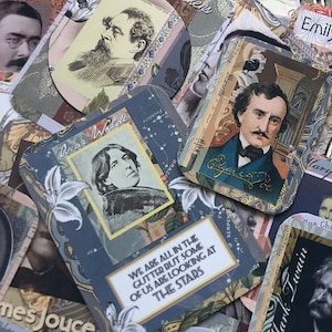 May include: A selection of vintage cards with portraits of literary figures such as Charles Dickens and Oscar Wilde. The cards feature floral and celestial patterns, and include the quote, "We are all in the gutter but some of us are looking at the stars."