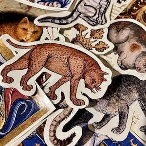May include: A collection of vintage-style cat stickers featuring various breeds and poses. The stickers are printed on white paper with a glossy finish. The cats are depicted in a medieval style with intricate details.