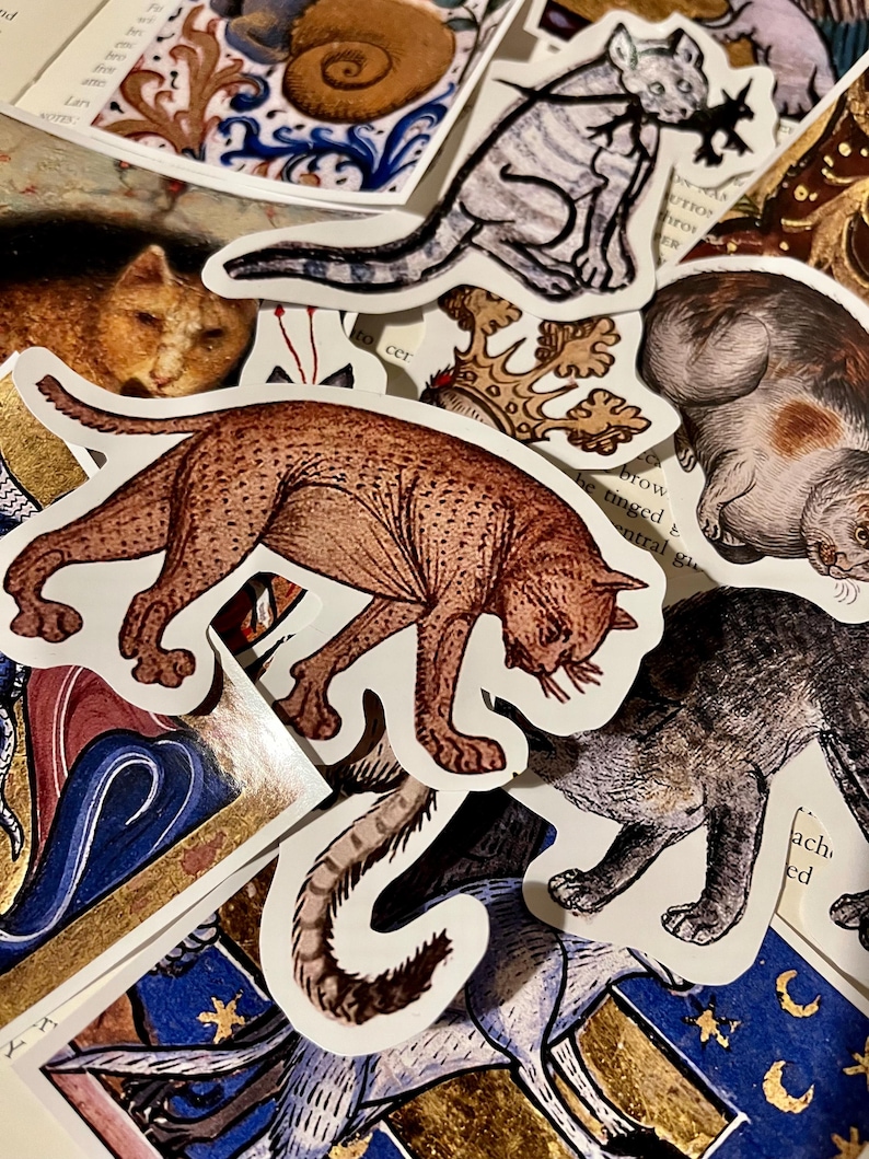 May include: A collection of vintage-style cat stickers featuring various breeds and poses. The stickers are printed on white paper with a glossy finish. The cats are depicted in a medieval style with intricate details.
