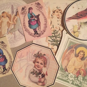 Kerststickers. Mooie stickers in vintage-stijl met kinderen in de sneeuw, vogels en religieuze afbeeldingen voor je planner en nog veel meer