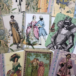 Karty kostiumowe vintage. Karty do dziennika lub tworzenia kart z ładnymi ilustracjami kostiumów