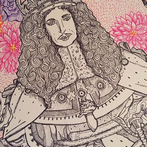 King Charles II pen drawing. Illustarted royalty coloured pen drawing. Drawing of the British monarch.